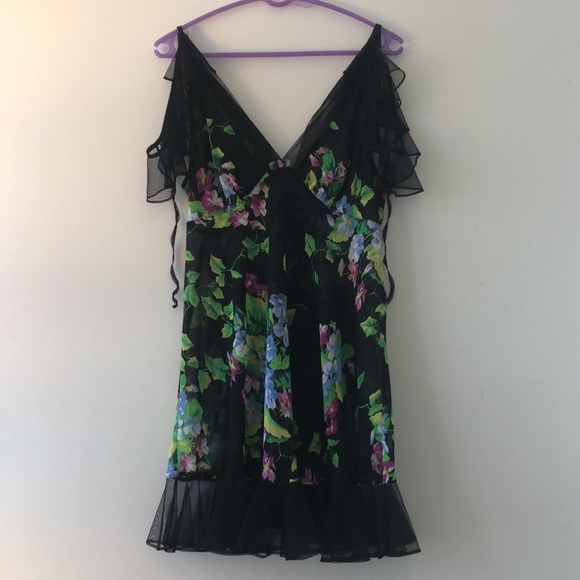 New Betsey Johnson sheer floral rosette ruffle cold shoulder flutter sleeve slip - Picture 1 of 11